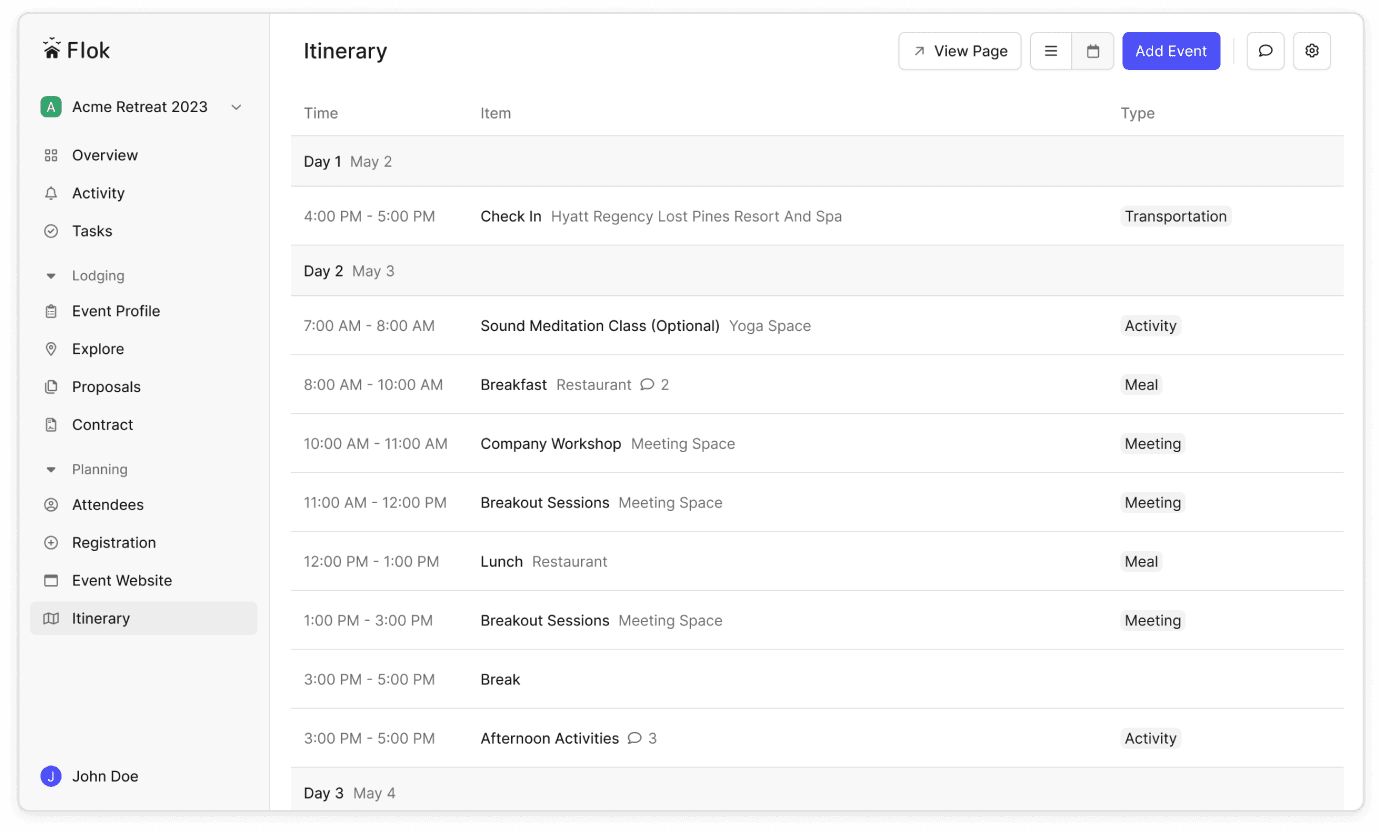 Flok dashboard itinerary screenshot